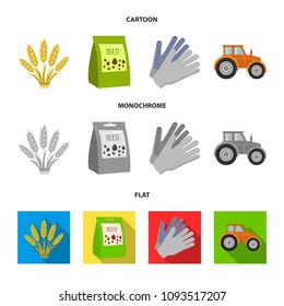 Spikelets of wheat, a packet of seeds, a tractor, gloves.Farm set collection icons in cartoon,flat,monochrome style vector symbol stock illustration web.