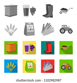 Spikelets of wheat, a packet of seeds, a tractor, gloves.Farm set collection icons in monochrome,flat style vector symbol stock illustration web.
