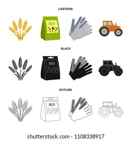 Spikelets of wheat, a packet of seeds, a tractor, gloves.Farm set collection icons in cartoon,black,outline style vector symbol stock illustration web.