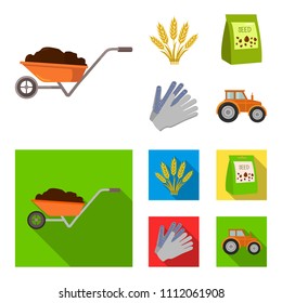 Spikelets of wheat, a packet of seeds, a tractor, gloves.Farm set collection icons in cartoon,flat style vector symbol stock illustration web.