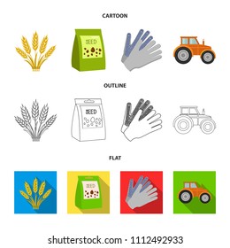 Spikelets of wheat, a packet of seeds, a tractor, gloves.Farm set collection icons in cartoon,outline,flat style vector symbol stock illustration web.