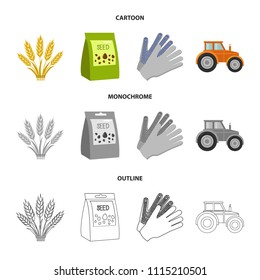 Spikelets of wheat, a packet of seeds, a tractor, gloves.Farm set collection icons in cartoon,outline,monochrome style vector symbol stock illustration web.