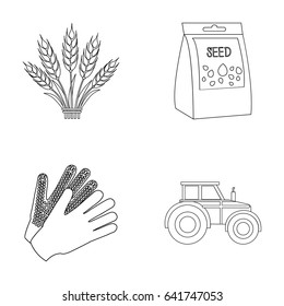 Spikelets of wheat, a packet of seeds, a tractor, gloves.Farm set collection icons in outline style vector symbol stock illustration web.