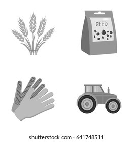 Spikelets of wheat, a packet of seeds, a tractor, gloves.Farm set collection icons in monochrome style vector symbol stock illustration web.