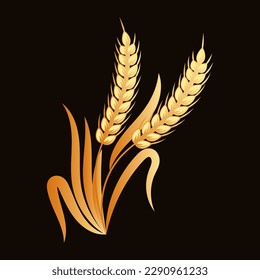 Spikelets of wheat, rye, barley, gold design on a dark background. Decor element, logo, icon, vector	
