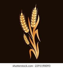 Spikelets of wheat, rye, barley, gold design on a dark background. Decor element, logo, icon, vector	
