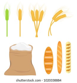 Spikes of wheat, bag of flour. A set of wheat ears. Bakery products. Flat design, vector illustration, vector.