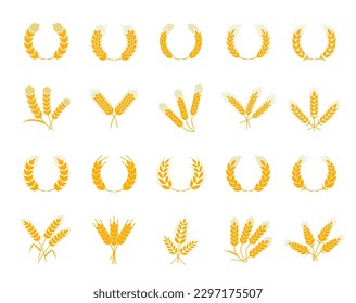 Espigas de trigo, centeno y cebada, corona de laurel con orejas de cereales, iconos vectoriales de panadería. Productos de pan y alimentos horneados de espigas o trigo, centeno o cebada para muesli o pastelería orgánica