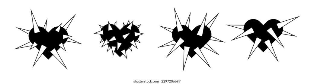 Spikey black heart illustration. Goth heart for Halloween design. Vector isolated on white background.