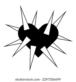 Spikey black heart illustration. Goth heart for Halloween design. Vector isolated on white background.