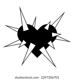 Spikey black heart illustration. Goth heart for Halloween design. Vector isolated on white background.