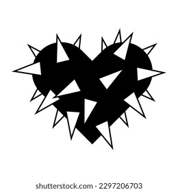 Spikey black heart illustration. Goth heart for Halloween design. Vector isolated on white background.