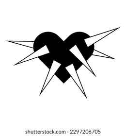 Spikey black heart illustration. Goth heart for Halloween design. Vector isolated on white background.