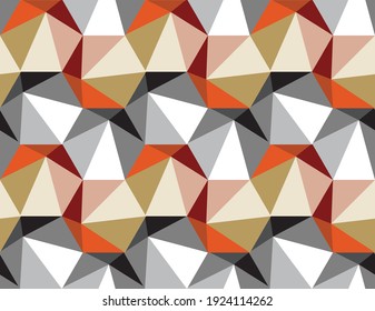 Spiky 3d effect hexagon shapes repeating pattern in a mix of orange and gray shades, geometric vector illustration