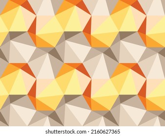 Spiky 3d effect hexagon shapes repeating pattern in a mix of pale orange, yellow and gray-brown shades, contemporary style geometric vector illustration