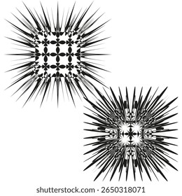 Spiky abstract rosettes. Sharp geometric shapes. Radial burst pattern. Vector decorative elements.
