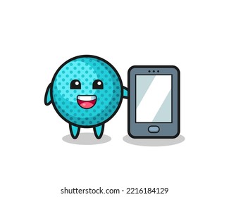 spiky ball illustration cartoon holding a smartphone , cute design