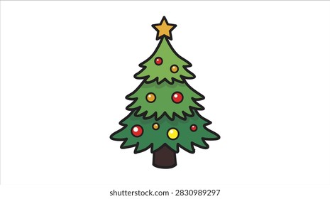 Spiky cartoon Christmas tree vector illustration decorated with colorful baubles and a big gold star top. Festive spiky pine fir tree element. Editable EPS vector clip art isolated on white background.