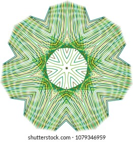 Spiky guilloche rosette with random set of alternating hues of green, yellow brown and light blue.