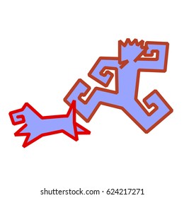 Spiky haired boy with active bent arms as bright line art with color & his dog both running