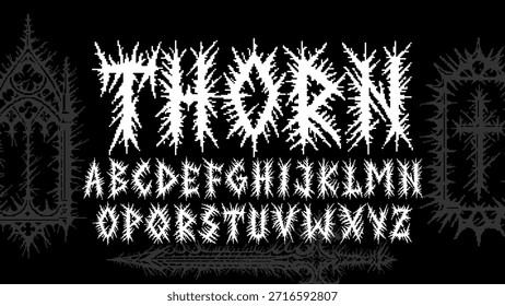 Spiky pixelated tribal display typeface alphabet with sharp ornamental letterforms, bold high-contrast strokes, and aggressive bitmap shapes inspired by dark gothic and extreme metal typography