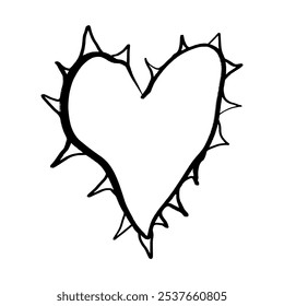 Spiky prickly hand-drawn black isolated heart in yk2 drain spooky style. Brush ink stylized love symbol decor element. Valentine's day card, pattern element or tattoo sketch. Vector, clip-art.