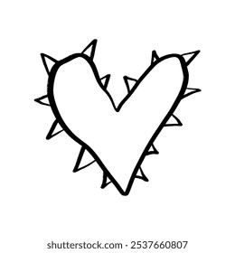 Spiky prickly hand-drawn black isolated heart in yk2 drain spooky style. Brush ink stylized love symbol decor element. Valentine's day card, pattern element or tattoo sketch. Vector, clip-art.