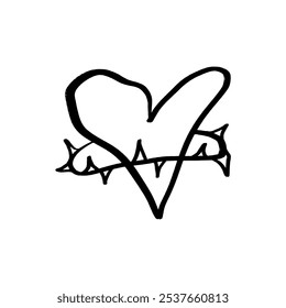 Spiky prickly hand-drawn black isolated heart in yk2 drain spooky style. Brush ink stylized love symbol decor element. Valentine's day card, pattern element or tattoo sketch. Vector, clip-art.