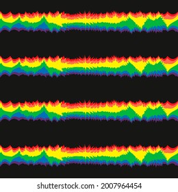 Spiky and seamless rainbow. Vector colorful stripes. Black background and rainbow rough lines.