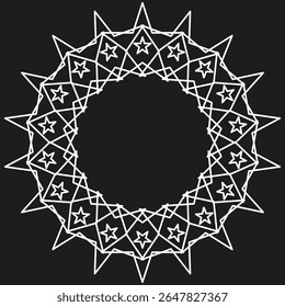 Spiky star icon. Circular jagged figure. Abstract white shape. Vector black background.