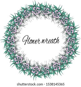 Spiky vector wreath drawn with ink. Black and white flowers with green leaves and spikes. Vector illustration.