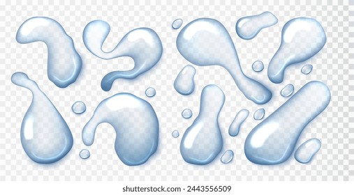 Spill blue water isolated on transparent background. Aqua liquid, Clear droplets of pure aqua, blue cosmetic serum or gel