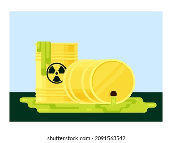 Spill of radioactive waste illustration. Environmental pollution with hazardous chemical poisons leakage of hazardous industrial waste leads to environmental disaster. Vector cartoon radiation.