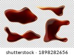 Spill soy sauce or cola puddle isolated brown liquid drops top view on transparent background. Soda drink splatters, abstract spilled asian condiment blobs, Realistic 3d vector illustration, icons set