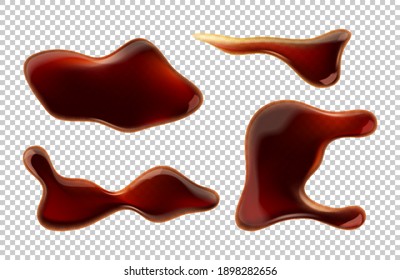Spill soy sauce or cola puddle isolated brown liquid drops top view on transparent background. Soda drink splatters, abstract spilled asian condiment blobs, Realistic 3d vector illustration, icons set