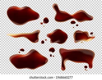 Spill Soy Sauce Or Cola Puddle Isolated Brown Liquid Drops Top View On Transparent Background. Soda Drink Brown Splatters, Abstract Spilled Asian Condiment Blobs, Realistic 3d Vector Illustration, Set