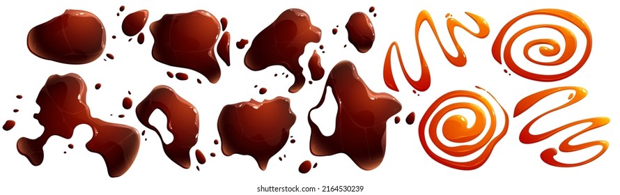 Spill soy or teriyaki hot sauces puddles and drippings. Isolated brown liquid drops top view on white background. Brown splatters, spilled asian condiment blobs, Cartoon vector illustration, set