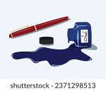 Spilled blue inkwell and a fountain pen flat vector. Spilled inkwell, ink bottle, inkpot or ink pot colored illustration. Back to school concept. Stationery