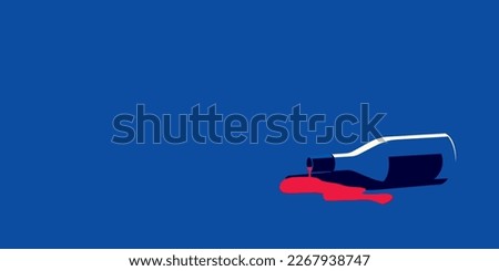 A spilled bottle of wine on a blue background in a minimal style. There is a copy space nearby. Foto stock © 