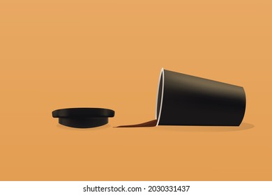 Spilled coffee with cup and lid upside down. realistic vector