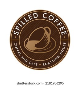Spilled Coffee Logo Circular Emblem Isolated. Spill Cup Coffee And Coaster, Tea Icon Vector Design. Coffee In Cup Spilled Icon Design In White Background