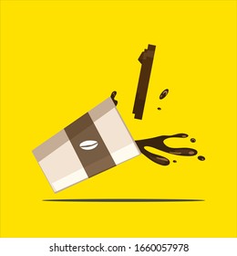 Spilled Coffee splash from paper cup with coffee seed logo, flat vector illustration isolated, yellow background