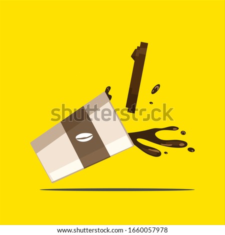Spilled Coffee splash from paper cup with coffee seed logo, flat vector illustration isolated, yellow background
