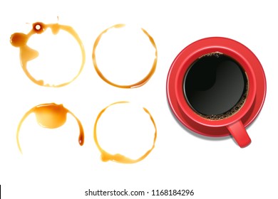 Spilled coffee stains and cup of coffee on white background, icons of vector illustration