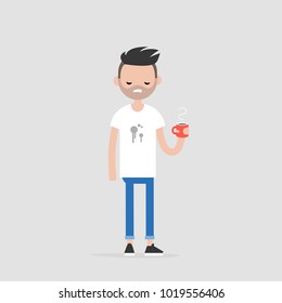 Spilled coffee. Young annoyed character wearing a stained t-shirt. Concept. Trouble. Flat editable vector illustration, clip art