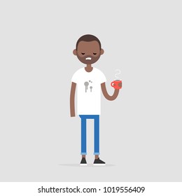 Spilled coffee. Young annoyed character wearing a stained t-shirt. Concept. Trouble. Flat editable vector illustration, clip art