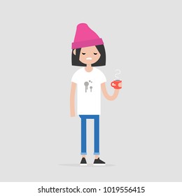Spilled coffee. Young annoyed character wearing a stained t-shirt. Concept. Trouble. Flat editable vector illustration, clip art