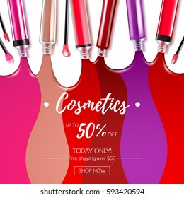 Spilled colorful lip gloss with applicators background. Make-up cosmetic products vector 3D illustration. Good for ads banner poster design.