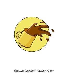 Spilled Cup of coffee. Spray and drop. Sloppy handling in kitchen. Drink with caffeine. Cartoon illustration.