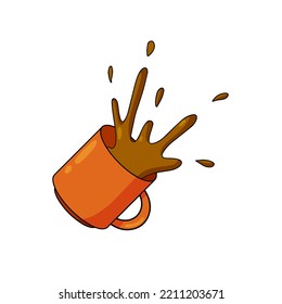 Spilled Cup of coffee. Spray and drop. Sloppy handling in kitchen. Drink with caffeine. Cartoon illustration.